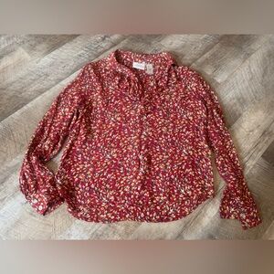 Liz Claiborne size LARGE long sleeve blouse, ruffle neckline, collar button up